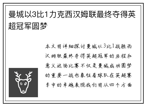 曼城以3比1力克西汉姆联最终夺得英超冠军圆梦